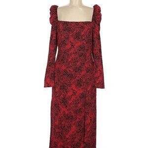 Leith Medium Red and Black Square neck Midi Dress with Slit and Puffed Sleeves